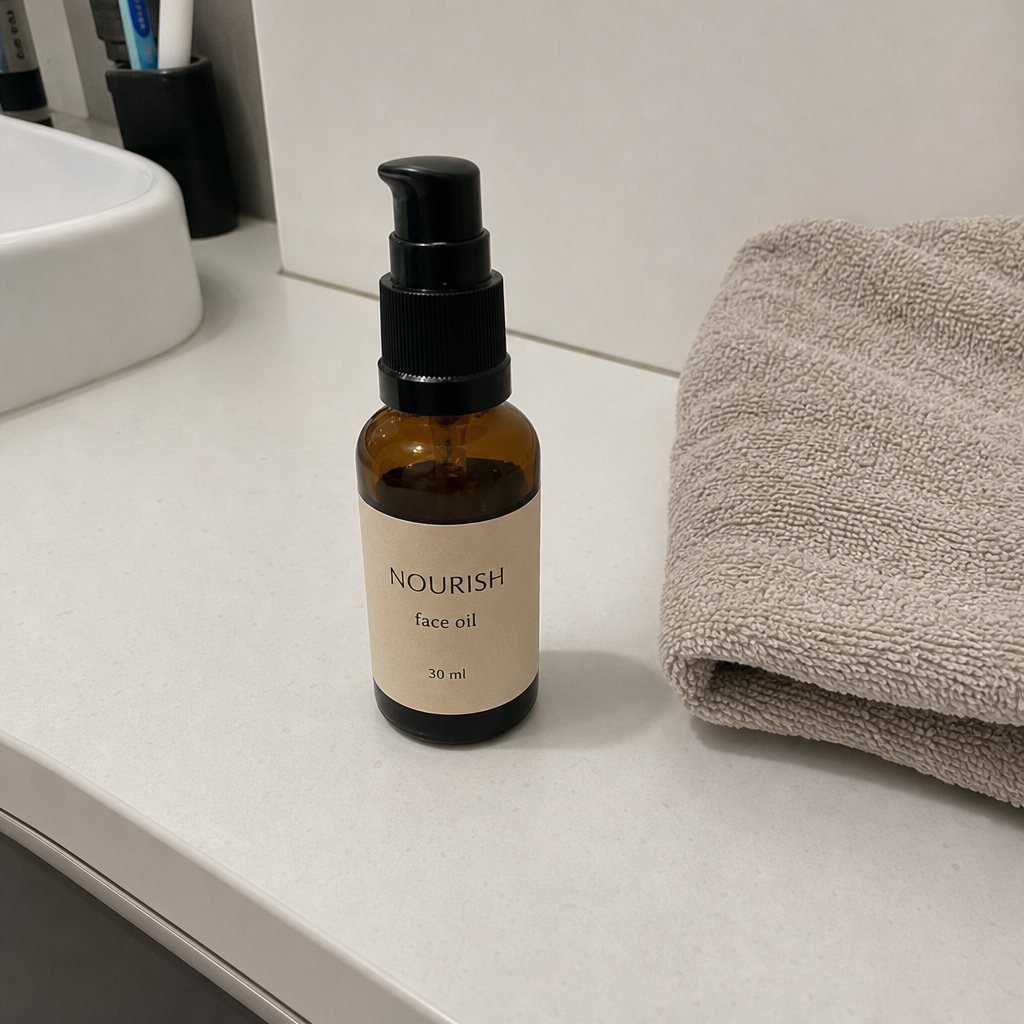 Original product photo: a face-oil bottle on a cluttered bathroom counter