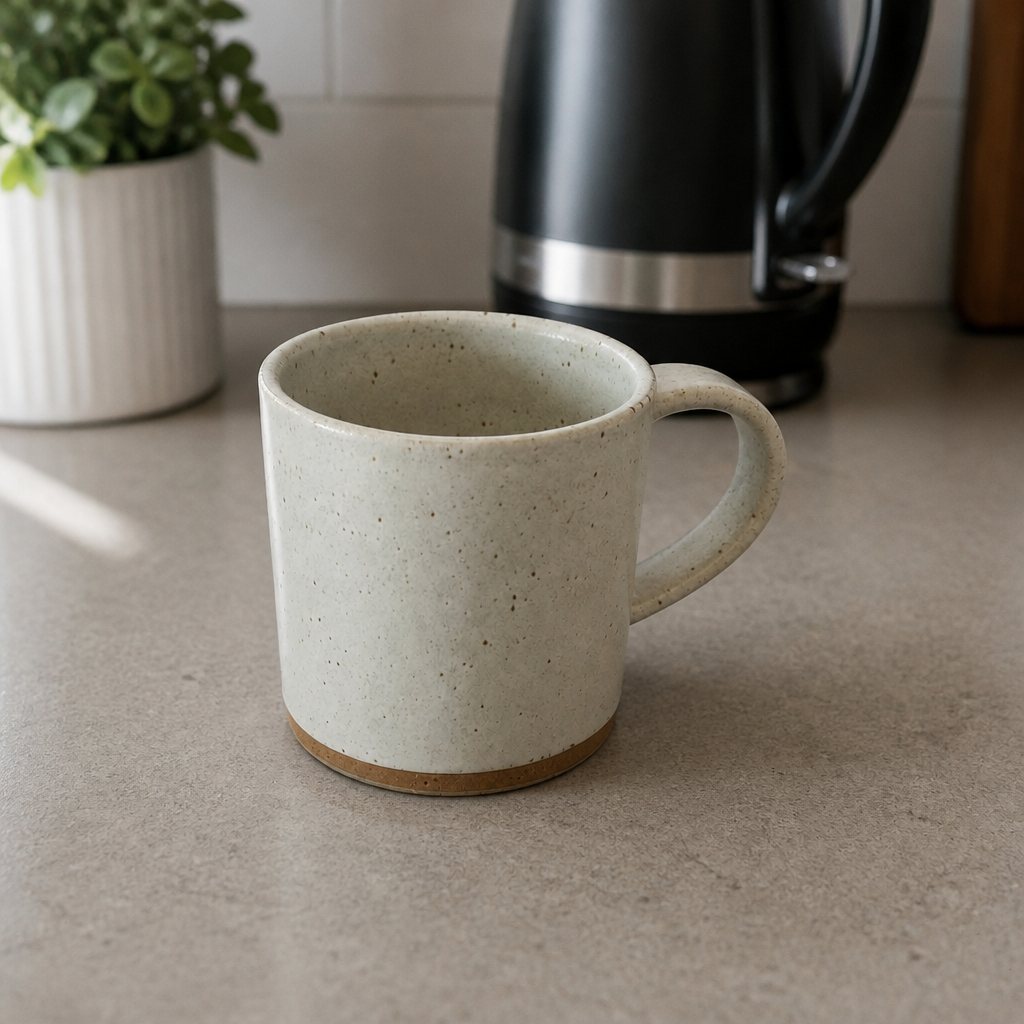 Lifestyle version: the same mug on a bright kitchen counter with a plant